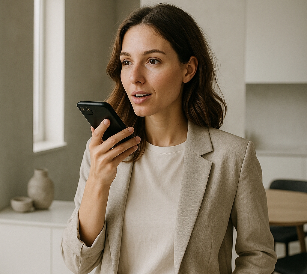 Frau spricht in ihr Handy - KI-Kurse an der VHS T&uuml;bingen
