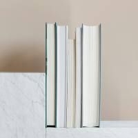 F&uuml;nf B&uuml;cher stehen aufrecht nebeneinander auf einem wei&szlig;en Regal vor einer hellen Wand