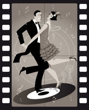 Paar im Swingtanz, der Mann tr&auml;gt Anzug und Fliege, die Frau ein Kleid mit Fransen und Feder im Haar, beide tanzen auf einer Schallplatte mit Musiknoten im Hintergrund