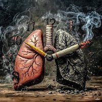 Die Uhr des Rauchers: KI-generiertes Bild einer Uhr, die aus zwei Lungenfl&uuml;geln besteht und rauchende Zigaretten als Uhrzeiger hat