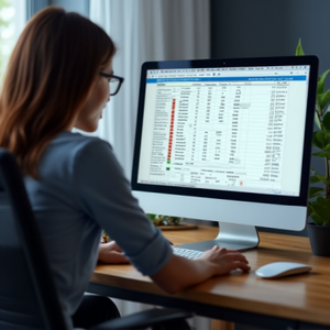 Eine Frau sitzt vor einen Monitor mit einer Tabellenkalkulation